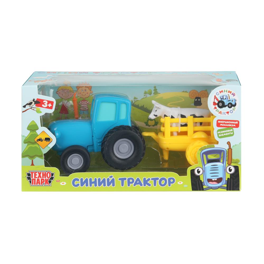 Машина металл СИНИЙ ТРАКТОР с телегой и коровой 11см, инерц, синий, кор. Технопарк в кор.48шт
