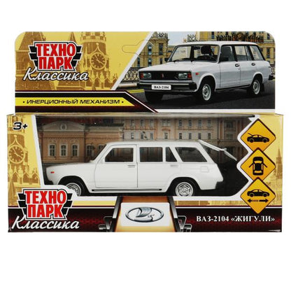2104-12-WH 340048 Машина металл ВАЗ-2104 ЖИГУЛИ длина 12 см, двери, багаж, инерц, белый, кор. Техноп