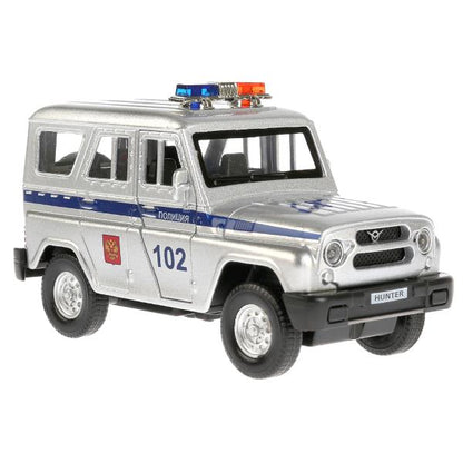 ТМ Технопарк. Машина металл "UAZ HUNTER ПОЛИЦИЯ" 12см, свет+звук, открыв. двери, инерц. в кор.2*36шт