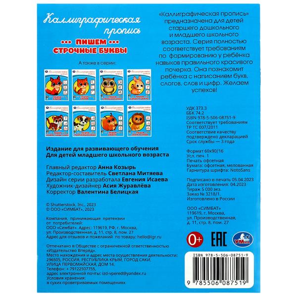 Пишем строчные буквы. Каллиграфическая пропись. 145х195 мм. Скрепка. 16 стр. Умка в кор.50шт