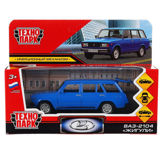 2104-12-BU299588 Машина металл ВАЗ-2104 ЖИГУЛИ длина 12 см, двери, багаж, инерц, синий, кор. Техно