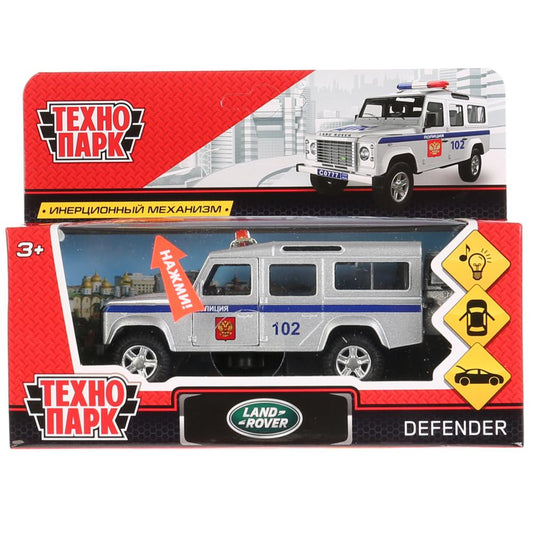 Машина металл светзвук LAND ROVER DEFENDER ПОЛИЦИЯ 12 см, дв, баг, ин, кор. Технопарк в кор.2*36шт