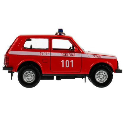 Technoparc. Garage "Пожарная часть" plastique 20,5 cm, + machine LADA 4x4, rouge, art.GARAGESMA-20PLFRI-L