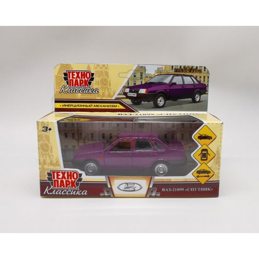 Машина металл LADA-21099 "СПУТНИК" 12 см, двери, багажник, инер, баклажан, кор. Технопарк в кор.2*36шт