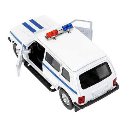 Machine en métal pour véhicule LADA 4x4 2131 ПОЛИЦИЯ 12,8 см, двер, баг, инр, кор.. Технопарк в кор.2*36шт