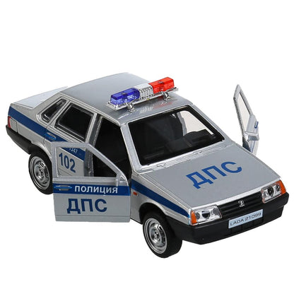 Машина металл свет-звук LADA-21099 "СПУТНИК" ПОЛИЦИЯ 12 см, двери, кор. Технопарк в кор.2*36шт