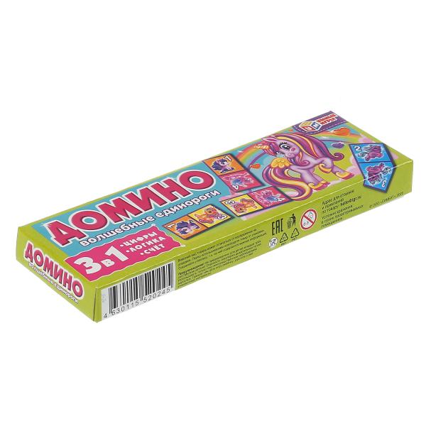 ДОМИНО ПЛАСТМАССОВОЕ "УМНЫЕ ИГРЫ" ВОЛШЕБНЫЕ ЕДИНОРОГИ 3-В-1 В КОР. в кор.100шт