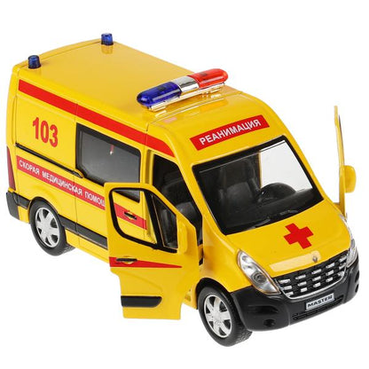 Машина металл RENAULT MASTER РЕАНИМАЦИЯ 14 см, двери, носики, инерц, кор. Технопарк в кор.2*32шт