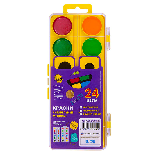 Краска акварель "Лео" "Играй" медовые, без кисти (двухъярусная) LPW-0324 24 цв. 12 класс. +