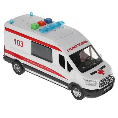 Машина пластик свет-звук FORD TRANSIT СКОРАЯ 16 см, двери, 3 кнопки, кор. Технопарк в кор.2*36шт