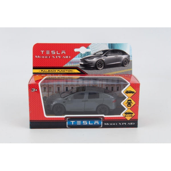 Машина металл tesla model x plaid 12 см, двери, серебр, кор. Технопарк в кор.2*36шт