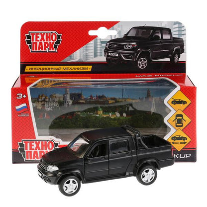 Машина металл UAZ PICKUP МАТОВЫЙ черный, 12 см, откр дв, багаж, инерц., кор. Технопарк в кор.2*36шт