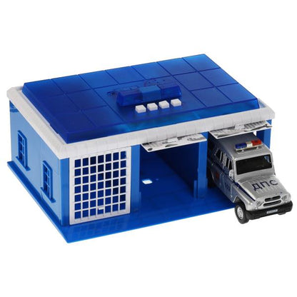 Игрушка пластик свет- ПОЛИЦЕЙСКИЙ УЧАСТОК 22 см, ворота, УАЗ ХАНТЕР,кор. Технопарк в кор.2*18шт