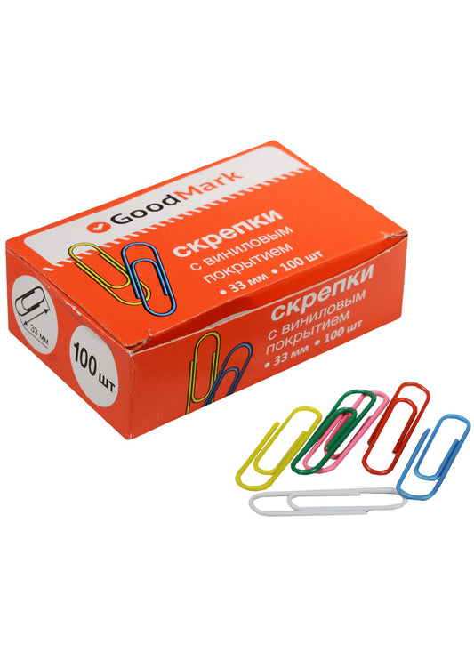Скрепки 33мм 100шт ассорти, винил., круглые