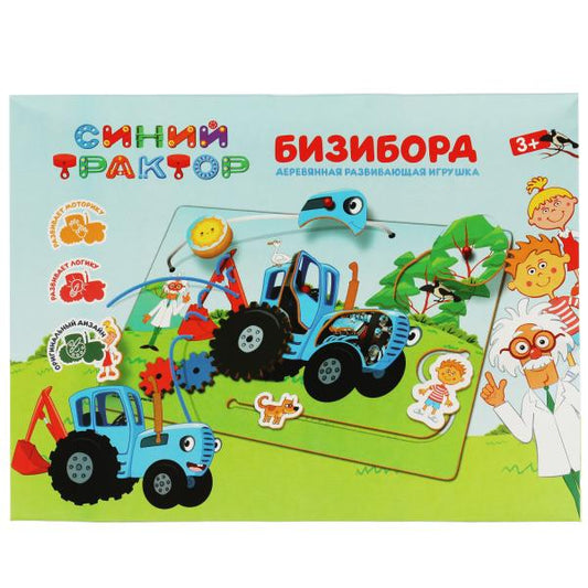 Игрушка деревянная бизиборд СИНИЙ ТРАКТОР коробка Буратино в кор.24шт