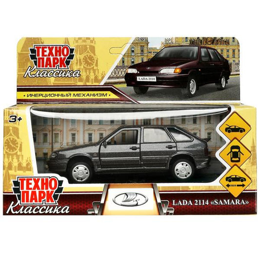 Машина металл ВАЗ-2114 "САМАРА" 12 см, дверь, сумка, ин, баклажан, кор. Технопарк в кор.2*36шт