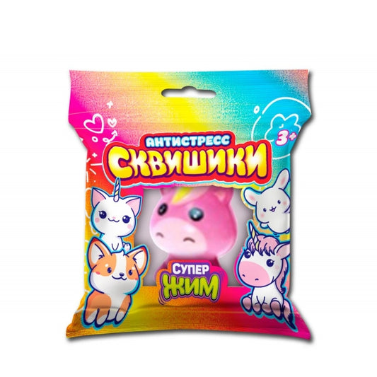 Сквиш антистресс животные, единорог розовый, флоупак Супер Жим в кор.6*12шт