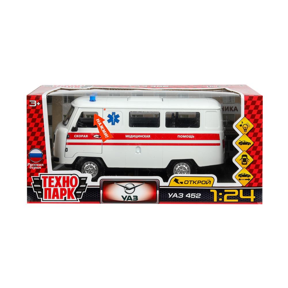 Машина металл светзвук УАЗ УАЗ 452 СКОРАЯ, 18,5 см, св-зв,дв,люк,баг,ин,бел Технопарк в кор.2*18шт