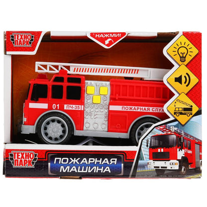 Машина пластик свет-звук ПОЖАРНАЯ МАШИНА 14 см, 3 кнопки, подним. лест., кор Технопарк в кор.2*48шт