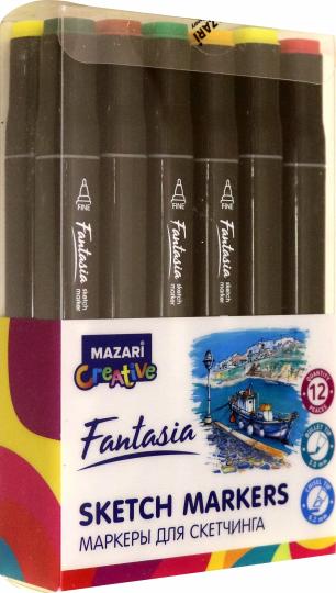 Набор маркеров для скетчинга двусторонние FANTASIA, 12цв., Autumn colors (цвета осени), пулевид./клиновид. наконечники, пиш.узлы 3.0-6.2мм, ПВХ- упако