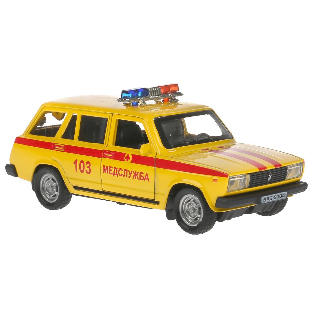 Машина металл ВАЗ-2104 ЖИГУЛИ СКОРАЯ 12 см, двери, багаж, инерц, кор. Технопарк в кор.2*36шт