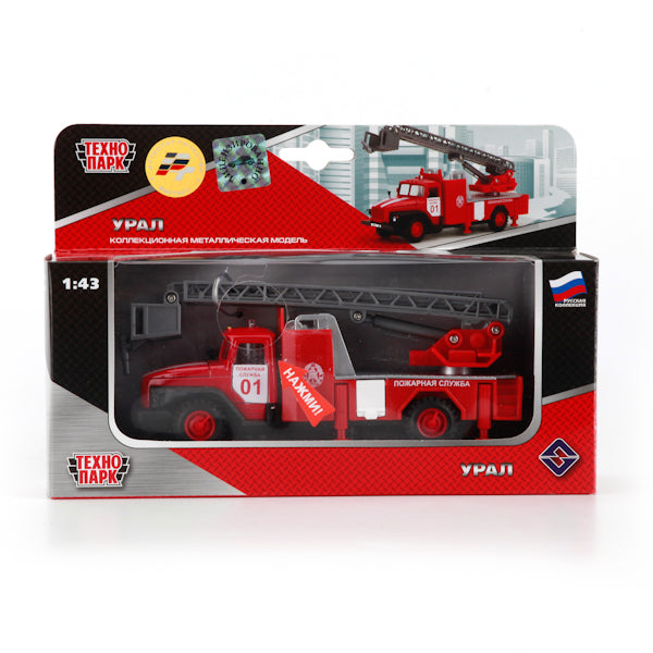 МАШИНА "ТЕХНОПАРК" МЕТАЛЛ. ИНЕРЦ. УРАЛ ПОЖАРКА СВЕТ+ЗВУК, ОТКРЫВ. ДВЕРИ И КАПОТ В КОР. в кор.2*24шт