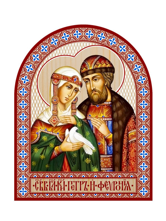 Икона аркой Петр и Феврония, блговерные князья (с голубем) (на дереве): 95 х 120