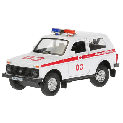 Машина металл свет-звук "LADA 4x4 СКОРАЯ" 12см, открывающаяся. двери, инерц. в кор. Технопарк в кор.2*36шт