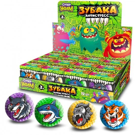 Игрушка - антистресс жмяка, супер зубы акула, горла, волк, тигр, дисплей Супер Жим уп-12шт в кор6уп
