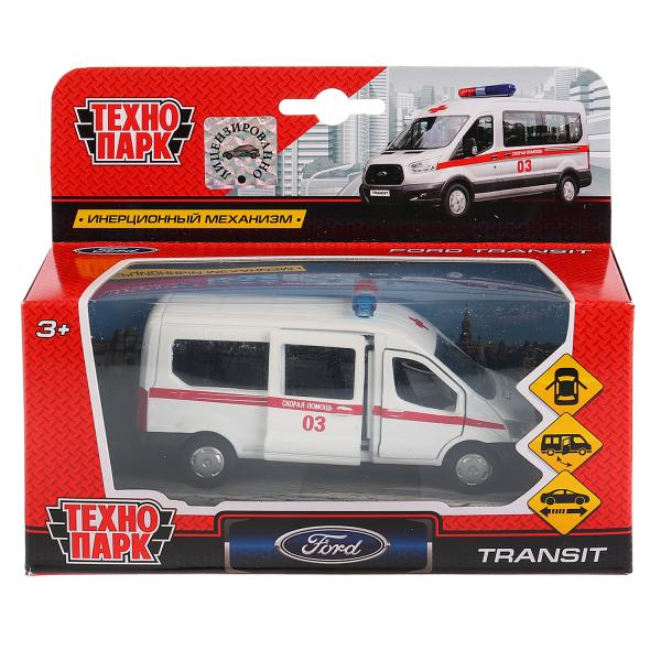 Машина металл FORD Transit скорая 12см, открывающаяся. двери, инерц. в кор. Технопарк в кор.2*24шт