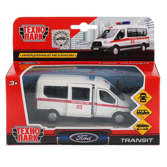 Машина металл FORD Transit скорая 12см, открыв. двери, инерц. в кор. Технопарк в кор.2*24шт