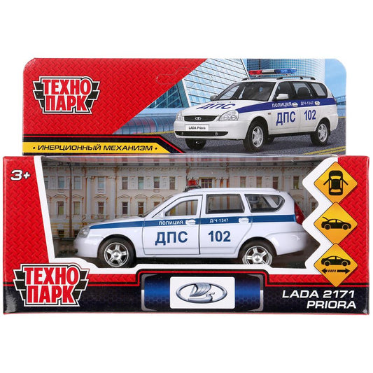 Машина металл LADA PRIORA POLIЦИЯ 12 см, двери, багаж, инерц, белый, в кор. Технопарк в кор.2*36шт