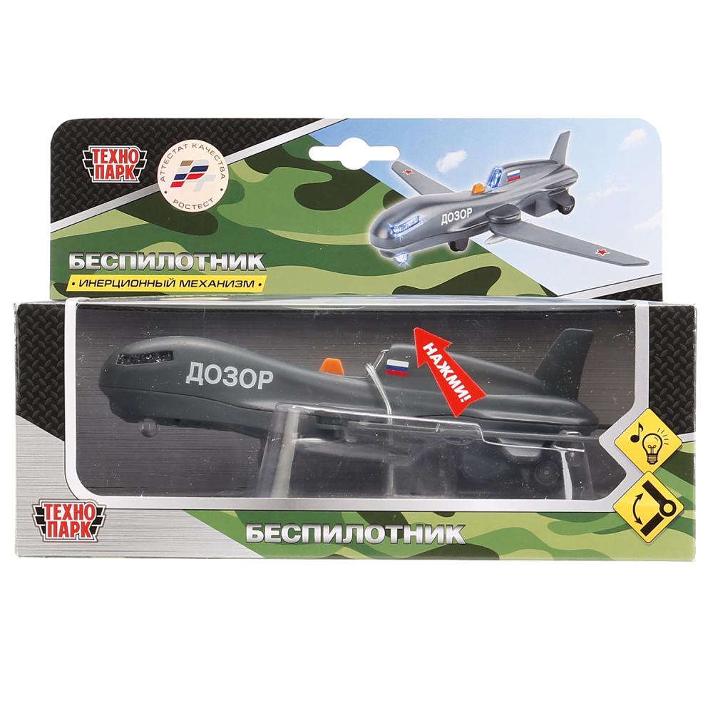 МОДЕЛЬ "ТЕХНОПАРК" МЕТАЛЛ. ИНЕРЦ. БЕСПИЛОТНИК ДОЗОР 19СМ, СВЕТ+ЗВУК, СКЛ. КРЫЛЬЯ В КОР. в кор.2*24шт