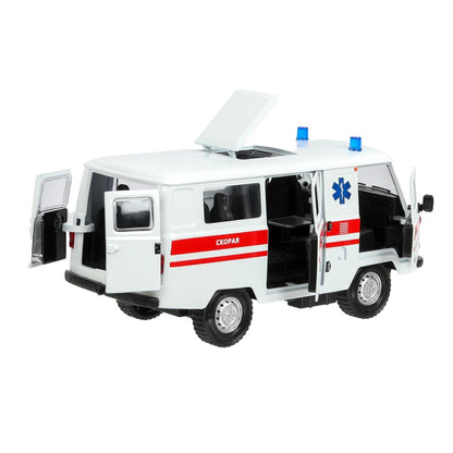 Машина металл светзвук УАЗ УАЗ 452 СКОРАЯ, 18,5 см, св-зв,дв,люк,баг,ин,бел Технопарк в кор.2*18шт