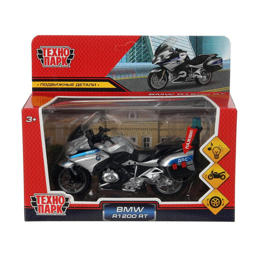 Модель металл свет-звук МОТОЦИКЛ BMW R1200 RT 13 см,живой дет, сереб, кор. Технопарк в кор.2*24шт