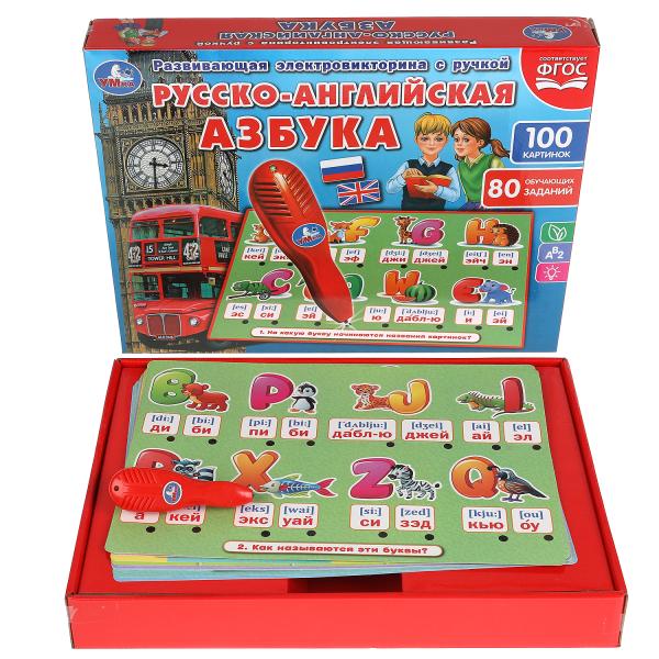 HT488-R1315552 Электровикторина с ручкой русско-английская азбука.180 картинок,заданий.кор.бат. Умка