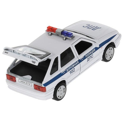 Машина металл ВАЗ-2114 "САМАРА" ПОЛИТИЯ 12 см, двери, багажник, белый, кор. Технопарк в кор.2*36шт