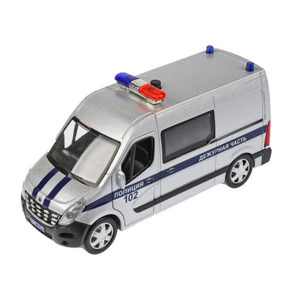 Машина металл свет-звук RENAULT master ПОЛИЦИЯ 14 см, двер, серебрист, кор. Технопарк в кор.2*32шт