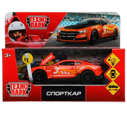 2001C107-R336986 Машина металл свет-звук СПОРТКАР 12 см, двер. багаж., инерц., кор. Технопарк в кор.