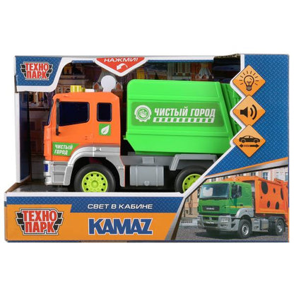 Машиназвук на бат свет+ Камаз "камаз мусоровоз" 17см, пласт, инерц. в кор. Технопарк в кор.36шт
