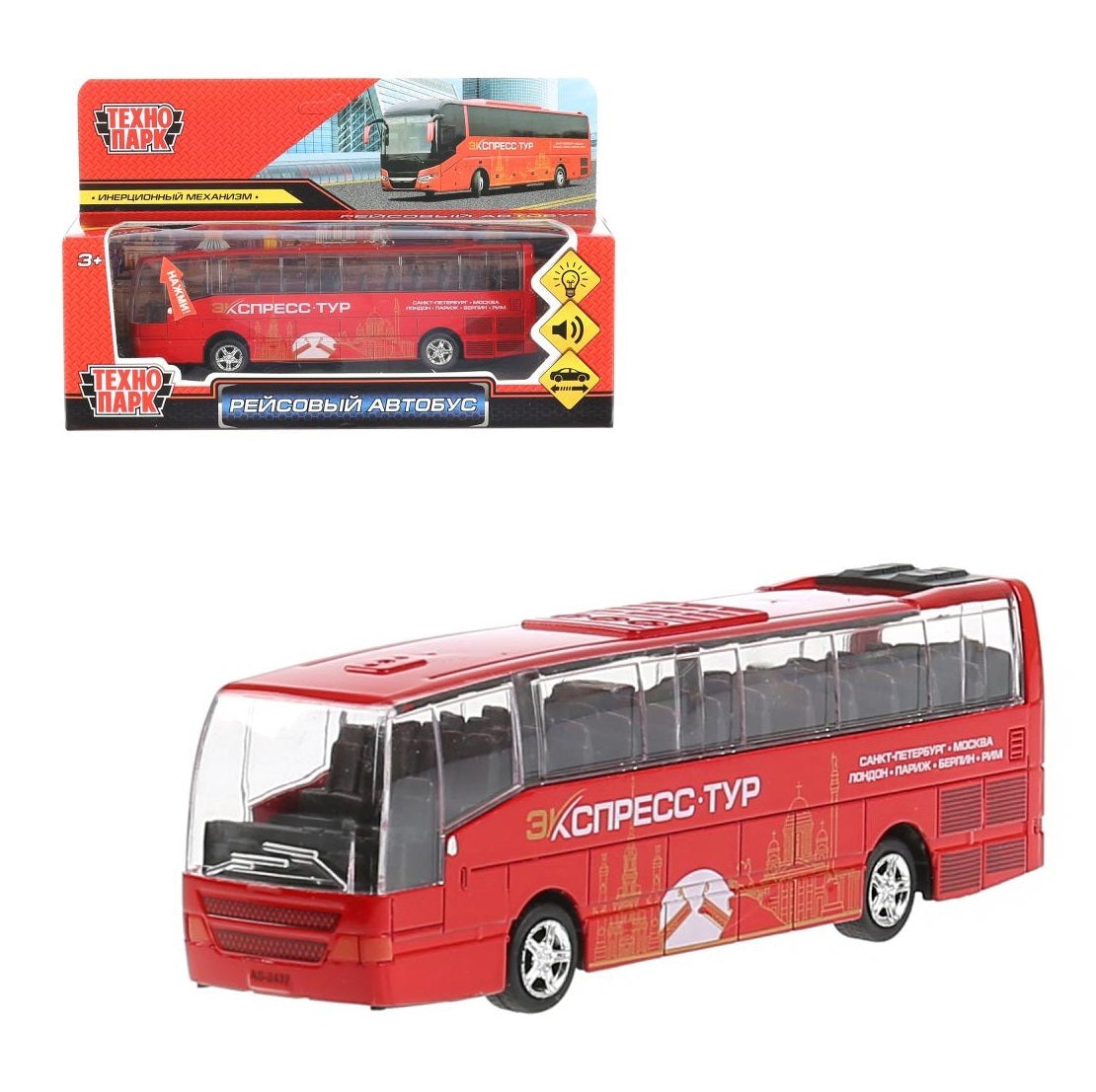 Машина металл свет-звук "рейсовый автобус", длина 16см, инерц. на русском. кор. Технопарк в кор.2*30шт