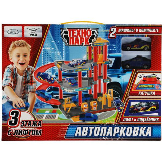 1304I008-R1 340999 Игрушка пластик автопарковка+2 машин.., 3 эт., лифт, заправ.,кор. Технопарк в кор