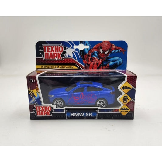 Машина металл BMW X6 спайдермен 12 см, двери, багаж, инер, син, кор. Технопарк в кор.2*36шт