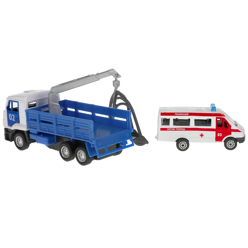 Машина металл KAMAZ ЭВАКУАТОР, 12 см, дв., подв.дет., инерц.+скорая 7,5 см Технопарк в кор.2*24шт