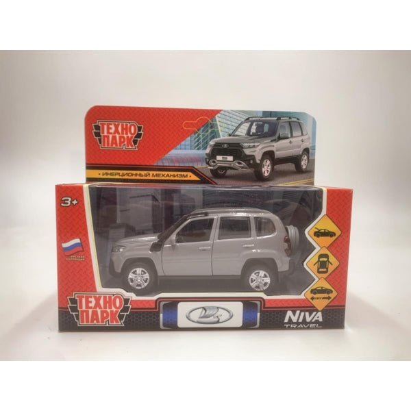 Машина металл LADA NIVA travel 12 см, двери, инер,серый, кор. Технопарк в кор.2*36шт