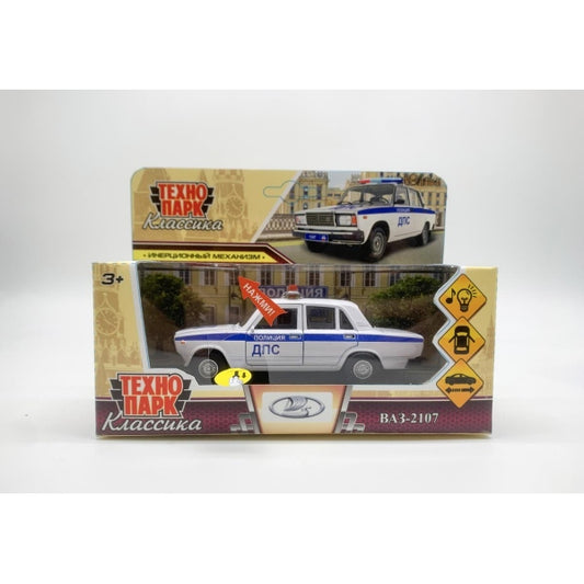 Машина металл ваз-2107 ПОЛИТИКА, свет-звук, длина 12 см,белый, кор. Технопарк в кор.2*36шт