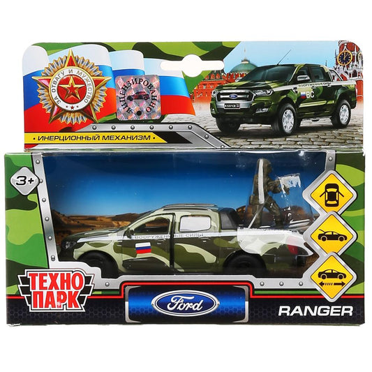 Машина металл FORD ranger, 12 см, дв., баг., инер.+солд. 4,5 см, в ассорт. Технопарк в кор.2*24шт