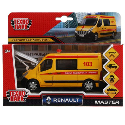 Машина металл RENAULT MASTER РЕАНИМАЦИЯ 14 см, двери, носики, инерц, кор. Технопарк в кор.2*32шт