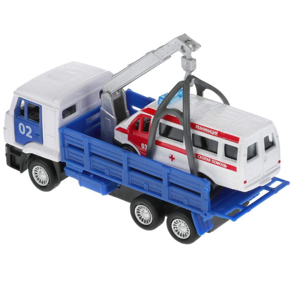 Машина металл KAMAZ ЭВАКУАТОР, 12 см, дв., подв.дет., инерц.+скорая 7,5 см Технопарк в кор.2*24шт