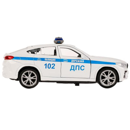 Machine en métal BMW X6 ПОЛИЦИЯ 12 см, двери, багаж, инерц, белый, кор. Parc technologique dans le cor.2*36шт